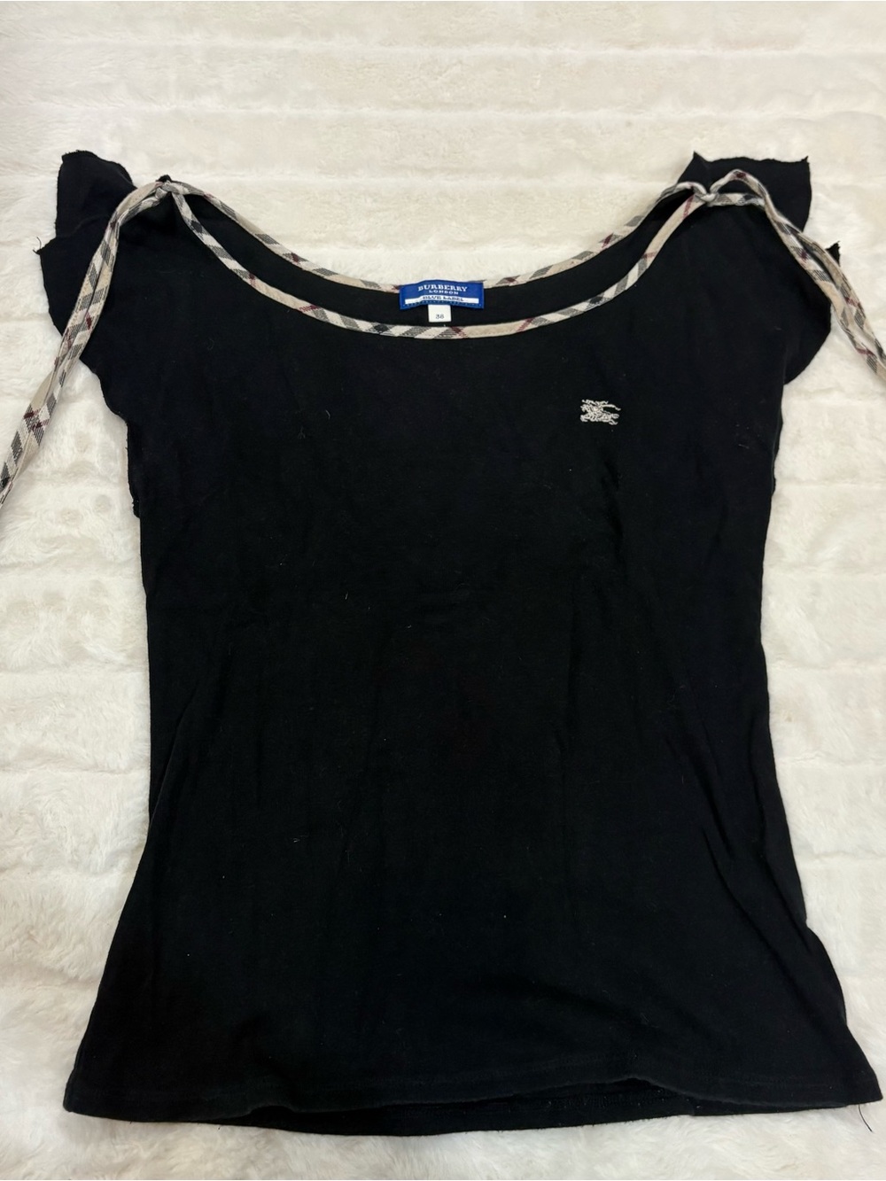 Burberry Black Short Sleeve Scoop Neck Top with Check Trim